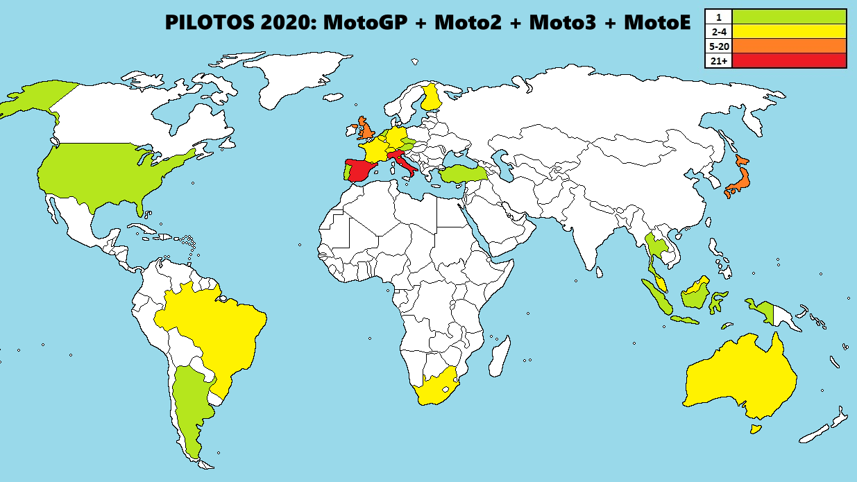 Pilotos por país en 2020 entre MotoGP, Moto2, Moto3 y MotoE (Infografías: @Swinxy).