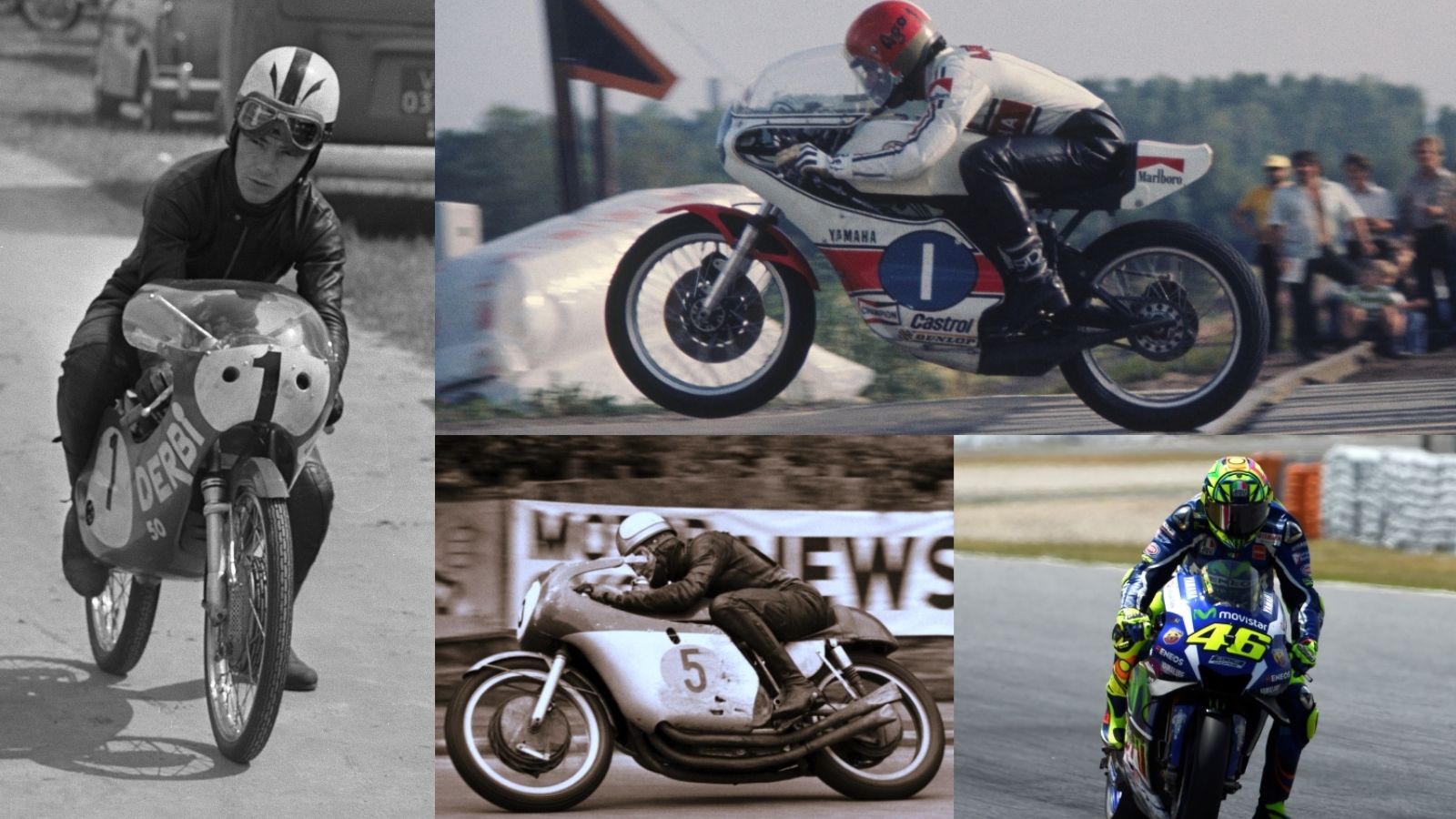 Ángel Nieto en Assen, Giacomo Agostini en Imatra, Mike Hailwood en Isla de Man y Valentino Rossi en Barcelona (Fotos: Gold & Goose / MPIB / Wiki).