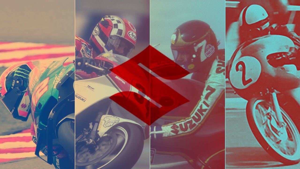 Álex Rins, Kevin Schwantz, Barry Sheene y Ernst Degner (Montaje: @lakonur / Fotos: Gold & Goose / Suzuki / Wiki).