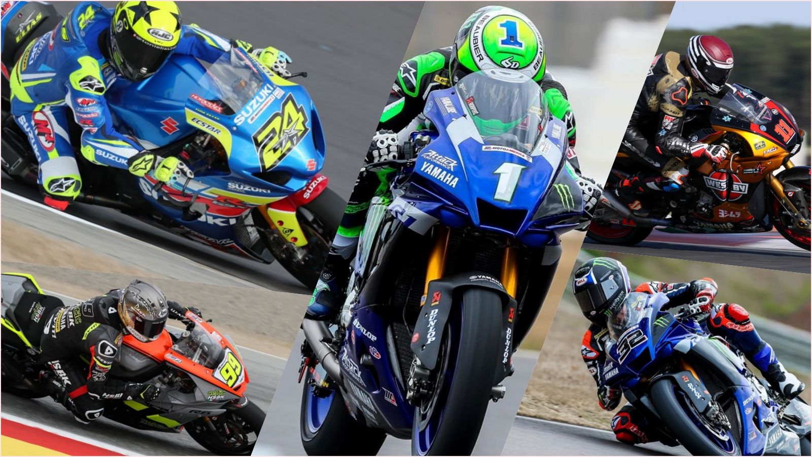 En el centro, Cameron Beaubier. A la izquierda, Toni Elías y PJ Jacobsen. A la derecha, Mathew Scholtz y Jake Gagne (Fotos: MotoAmerica / Monster Attack Yamaha / HSBK Racing).