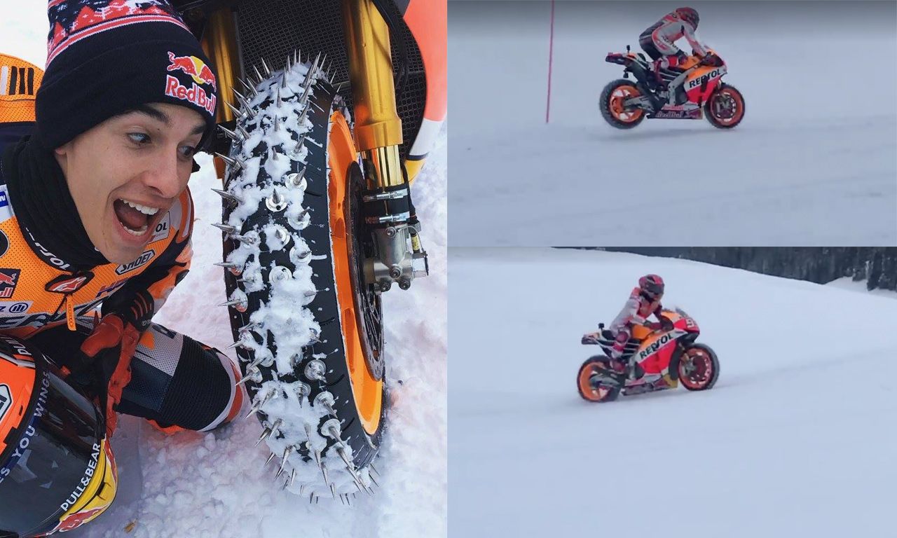 Marc Márquez mete la Honda RC213V en la nieve de los Alpes