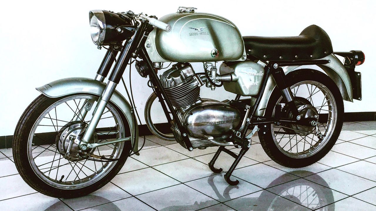 Moto Guzzi Stornello 125 Sport. Motor: 2T, 1 cilindro, 123 cc, 7 CV a 7.200 rpm. Chasis: Doble cuna interrumpida de acero. Peso: 105 kg.