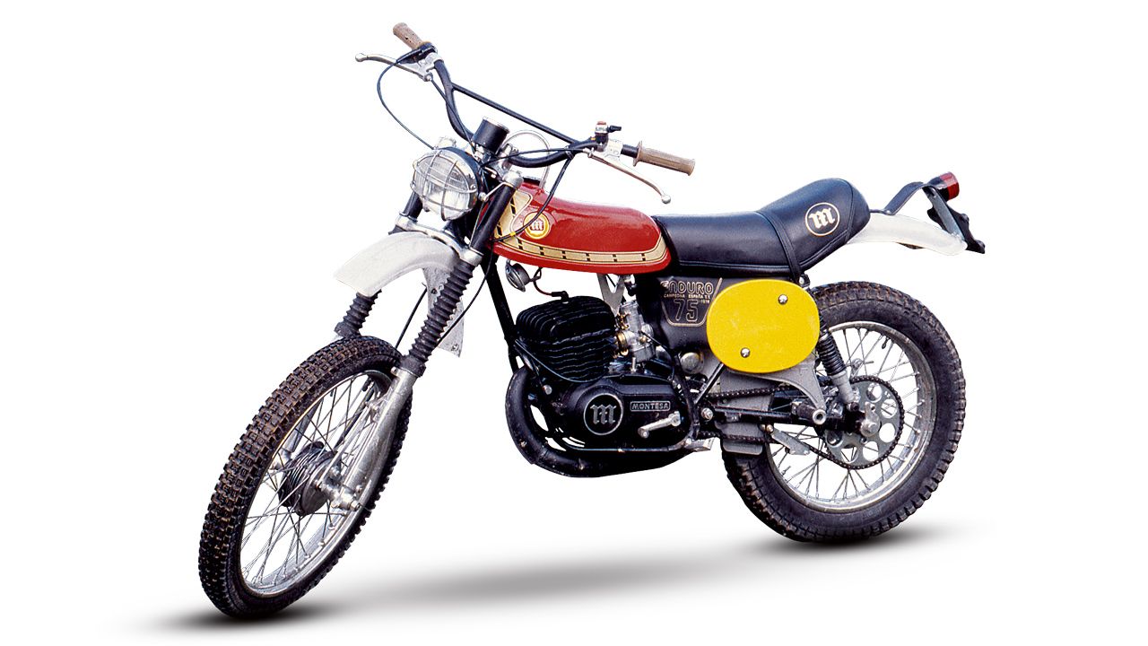 Montesa Enduro 74/125 1976-1983. Motor: 2 tiempos, un cilindro inclinado, 74/124 cc, N.D. CV. Chasis: Simple cuna de acero, basculante doble brazo. Peso: 55 kg.