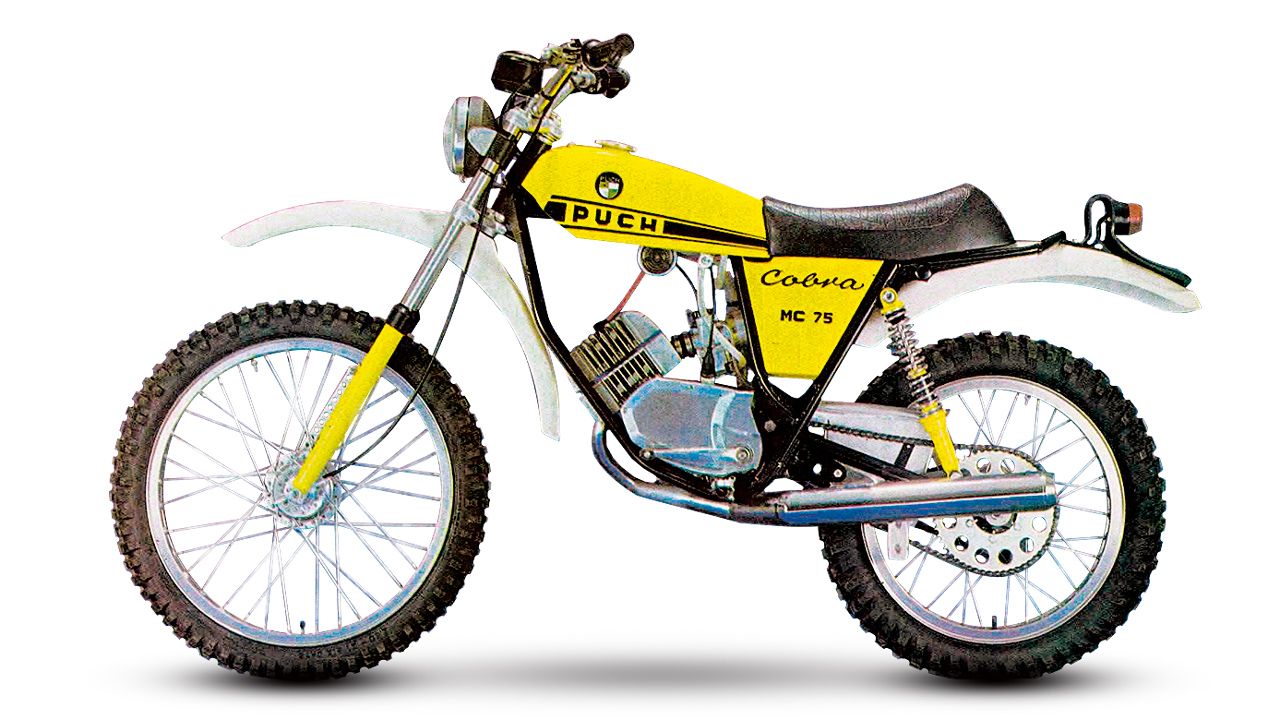 Puch Cobra 75 1977 1984. Motor: 2 tiempos, un cilindro inclinado, 74 cc, 10 CV a 7.800 rpm. Chasis: Doble cuna de acero, basculante de doble brazo. Peso: 81 kg.
