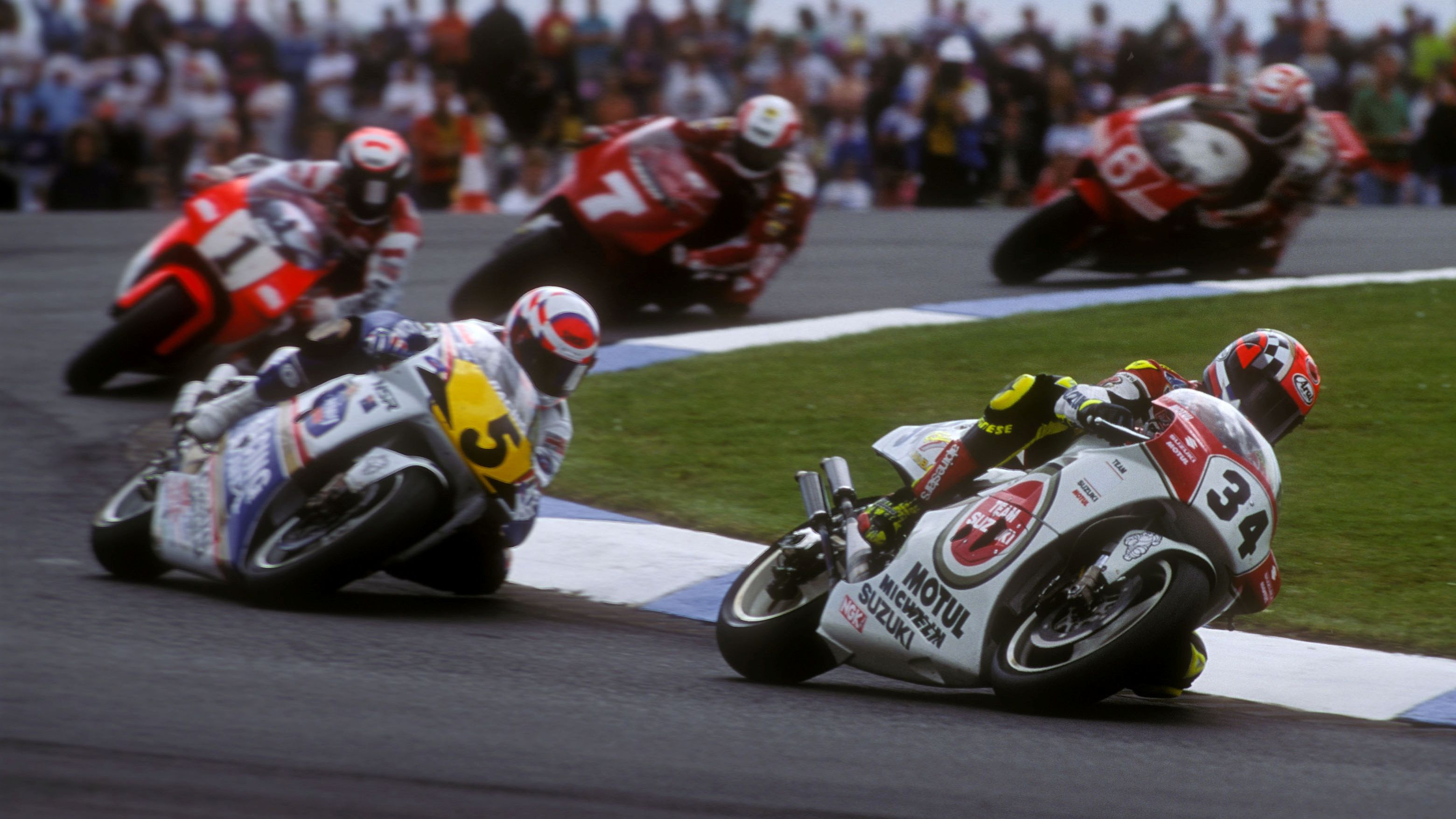Kevin Schwantz, Wayne Gardner, Wayne Rainey, Eddie Lawson y Joan Garriga