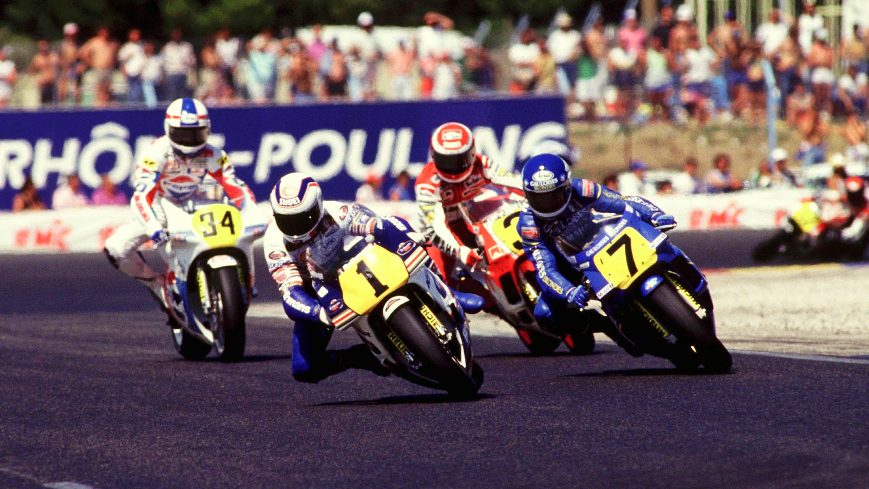 Wayne Gardner, Christian Sarron, Eddie Lawson y Kevin Schwantz