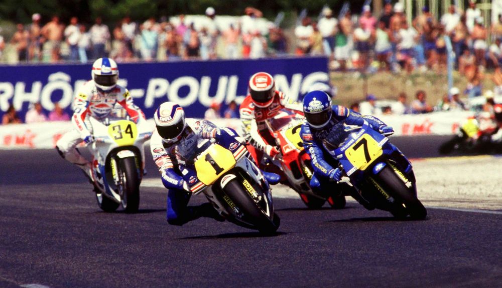 Wayne Gardner, Christian Sarron, Eddie Lawson y Kevin Schwantz Wayne Gardner, Christian Sarron, Eddie Lawson y Kevin Schwantz