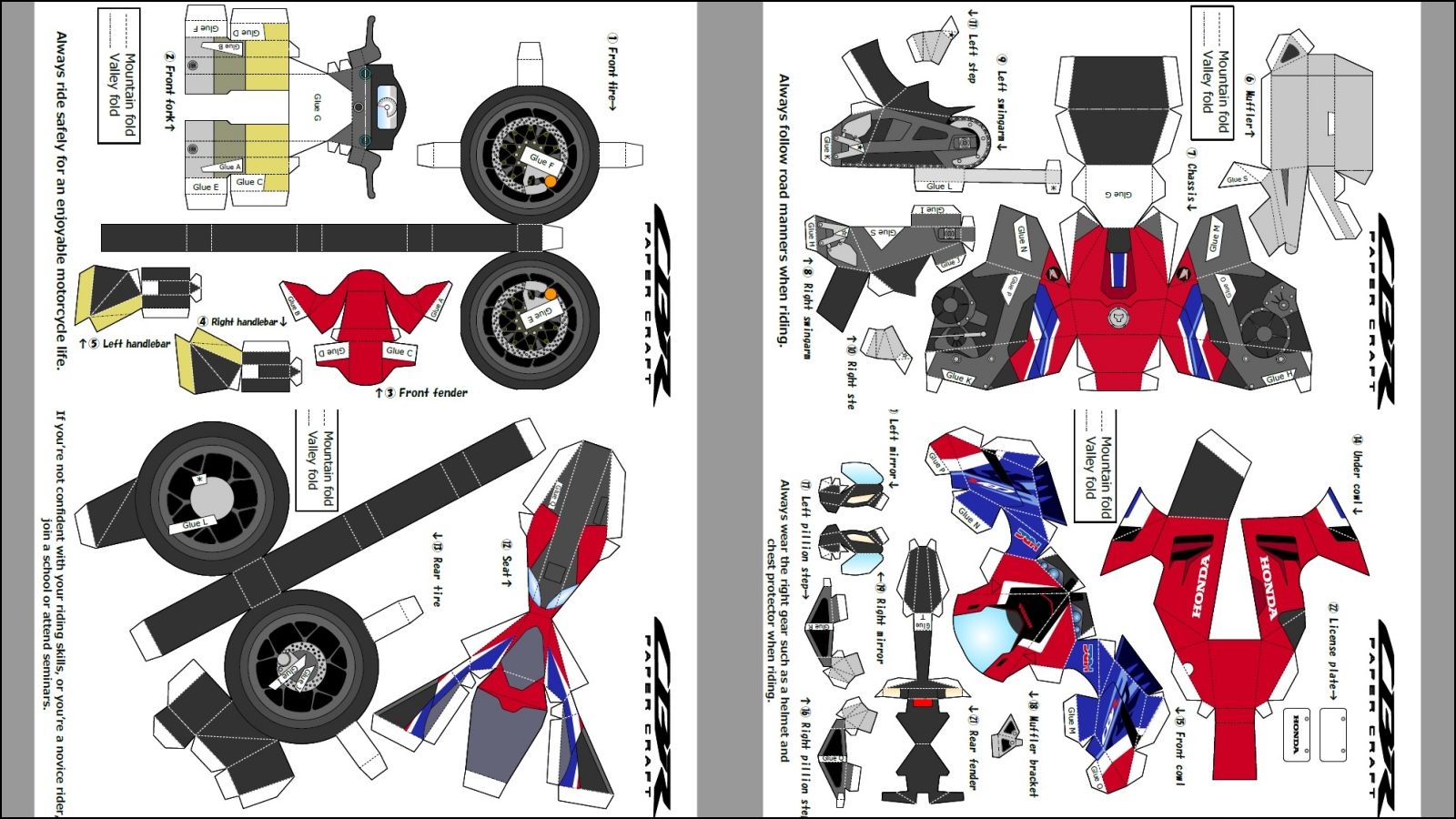 Las piezas de la Honda CBR1000RR R tricolor de papiroflexia
