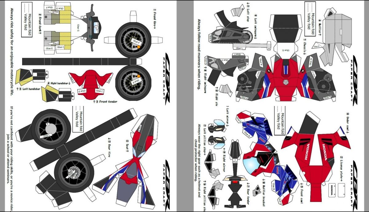 Las piezas de la Honda CBR1000RR R tricolor de papiroflexia Las piezas de la Honda CBR1000RR R tricolor de papiroflexia