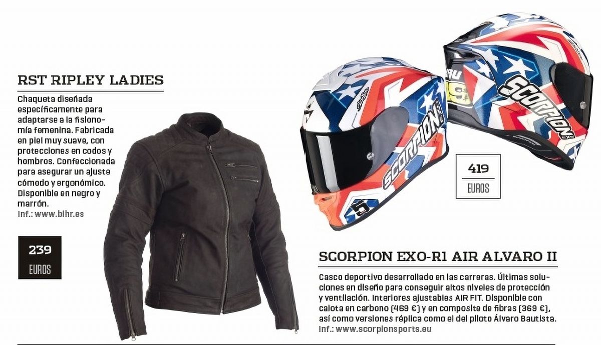 Chaqueta RST Ripley Ladies y casco Scorpion EXO R1 Air Alvaro II