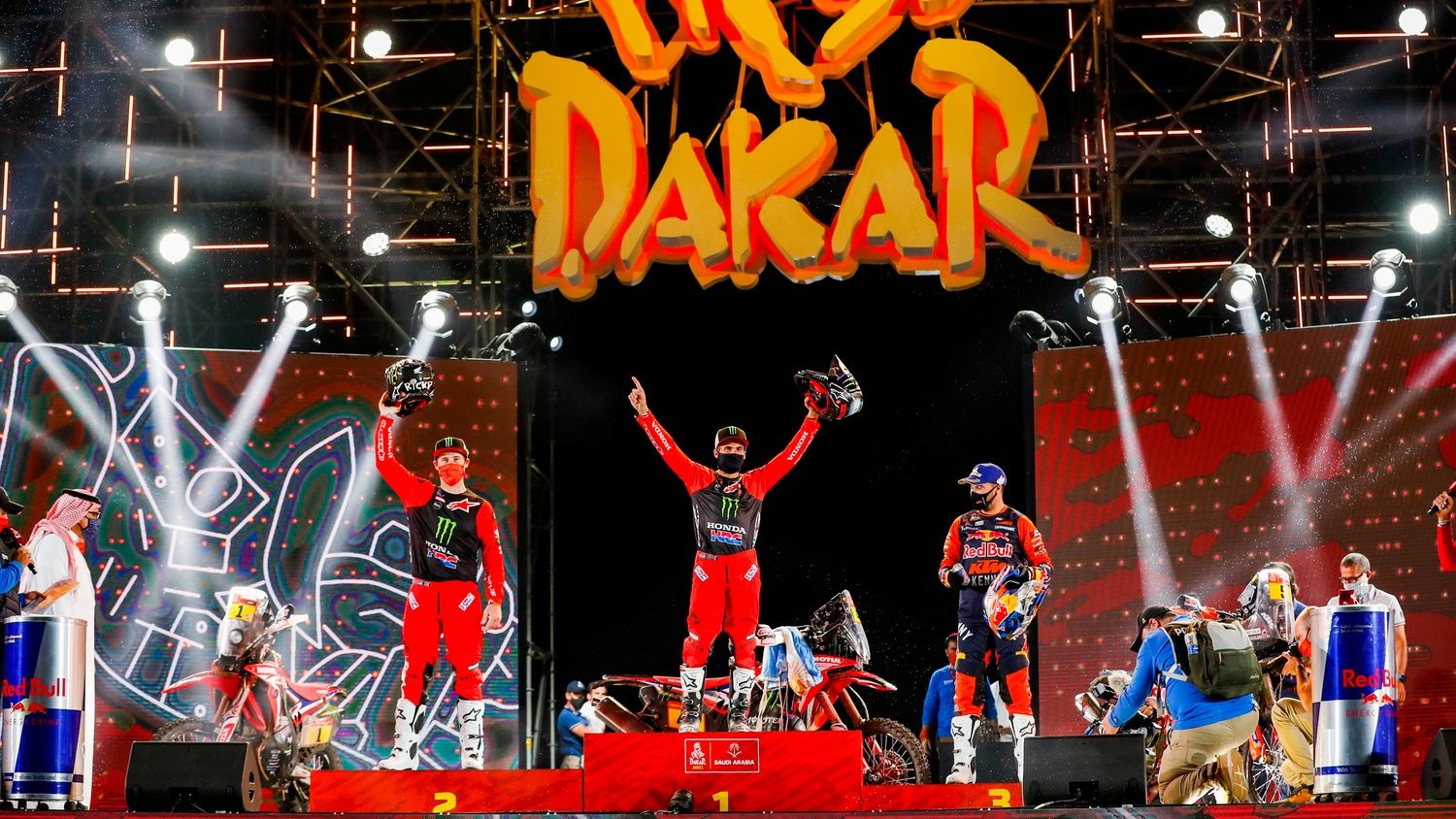 Etapa 12 Dakar 2021   Kevin Benavides, Ricky Brabec y Sam Sunderland