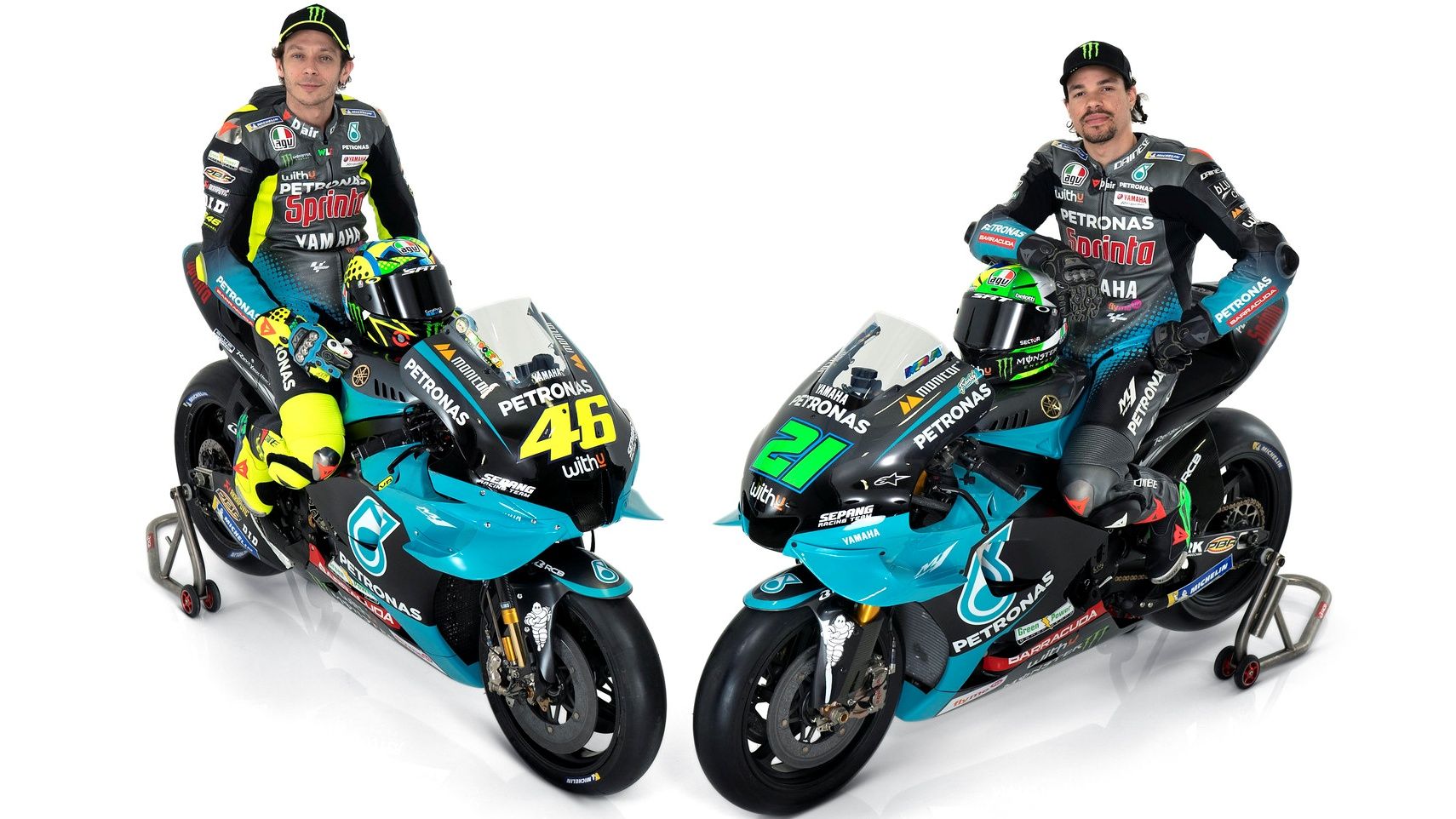 Valentino Rossi y Franco Morbidelli con sus Yamaha YZR-M1 del Petronas para MotoGP 2021.