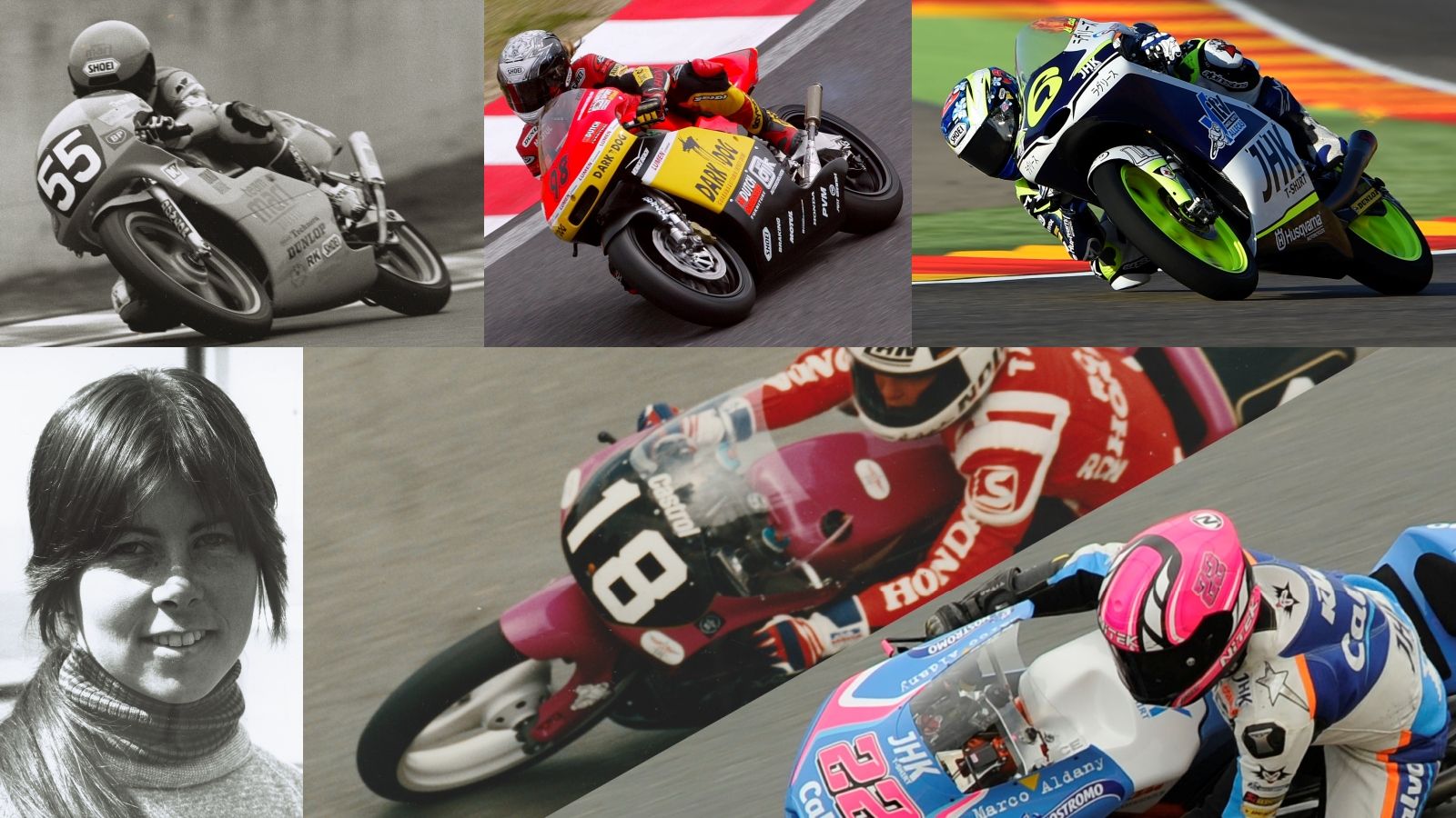 Mujeres en la historia del Mundial de motociclismo: Tomoko Igata, Katja Poensgen, María Herrera, Gina Boivard, Taru Rinne y Ana Carrasco
