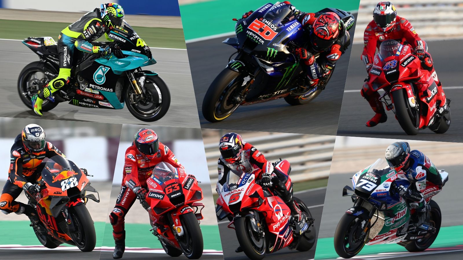 Valentino Rossi, Fabio Quartararo, Jack Miller, Miguel Oliveira, Pecco Bagnaia, Johann Zarco y Álex Márquez con sus nuevos equipos para MotoGP 2021