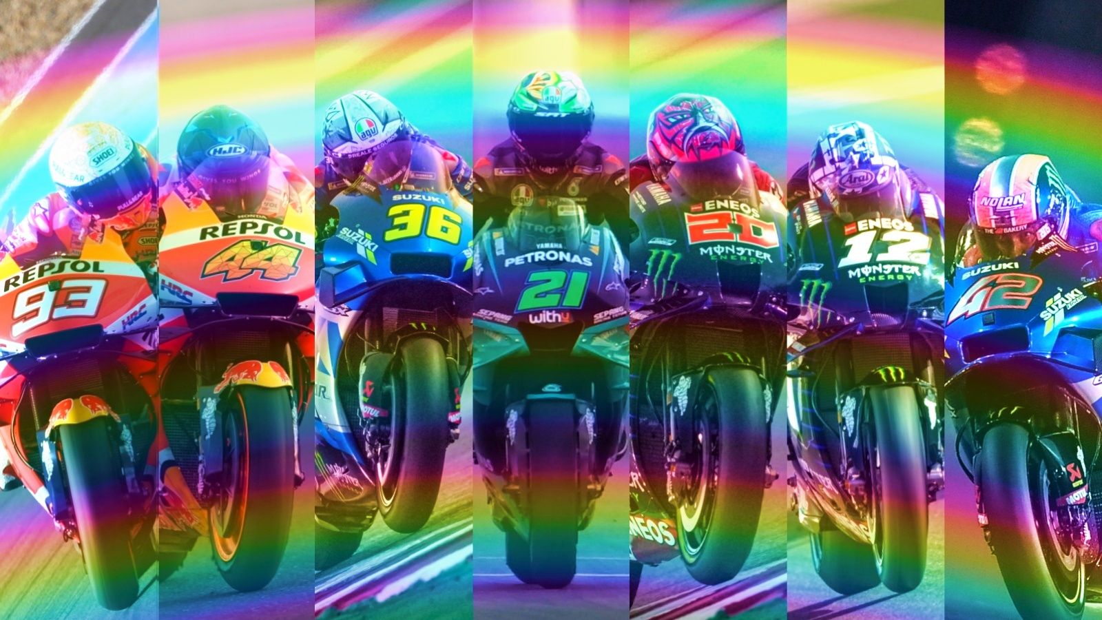 El arcoíris de MotoGP 2021 formado por Marc Márquez, Pol Espargaró, Joan Mir, Franco Morbidelli, Fabio Quartararo, Maverick Viñales y Álex Rins