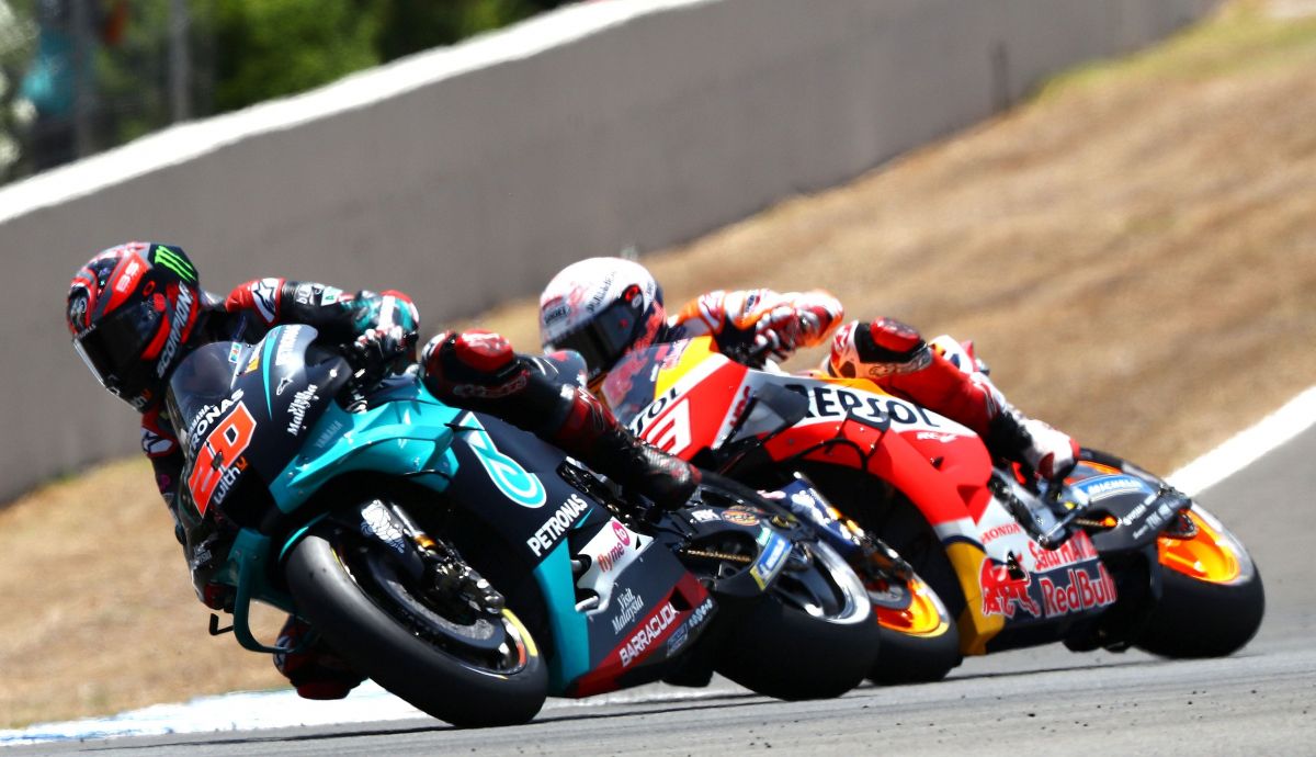 Marc Márquez pasando a Fabio Quartararo en el GP de España 2020, su última carrera hasta la fecha Marc Márquez pasando a Fabio Quartararo en el GP de España 2020, su última carrera hasta la fecha