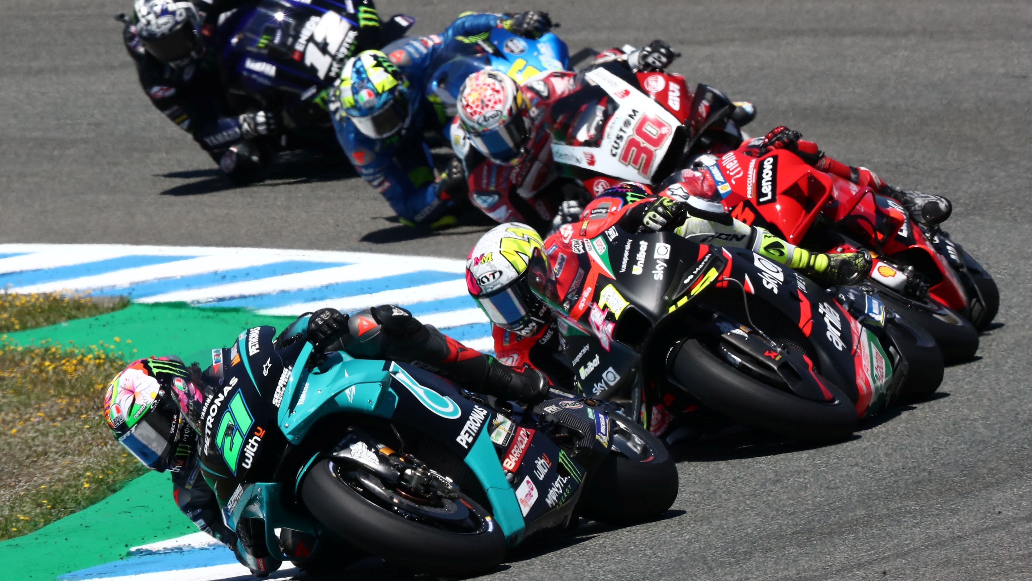 Franco Morbidelli, Aleix Espargaró, Pecco Bagnaia, Takaaki Nakagami, Joan Mir y Maverick Viñales