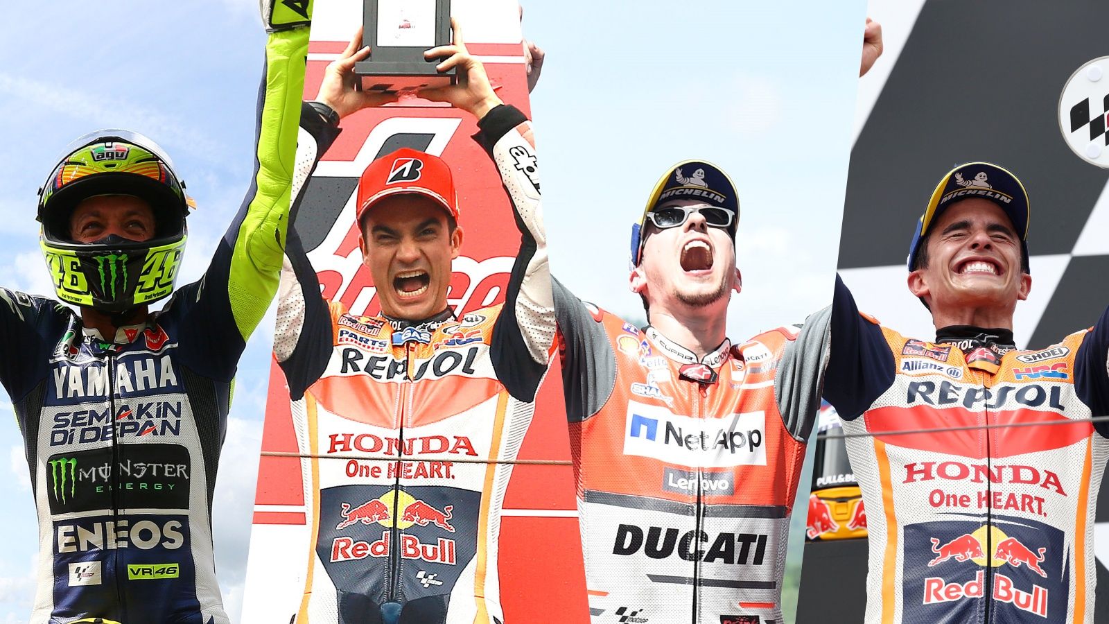Valentino Rossi, Dani Pedrosa, Jorge Lorenzo y Marc Márquez celebrando sus reencuentros con las victorias en MotoGP
