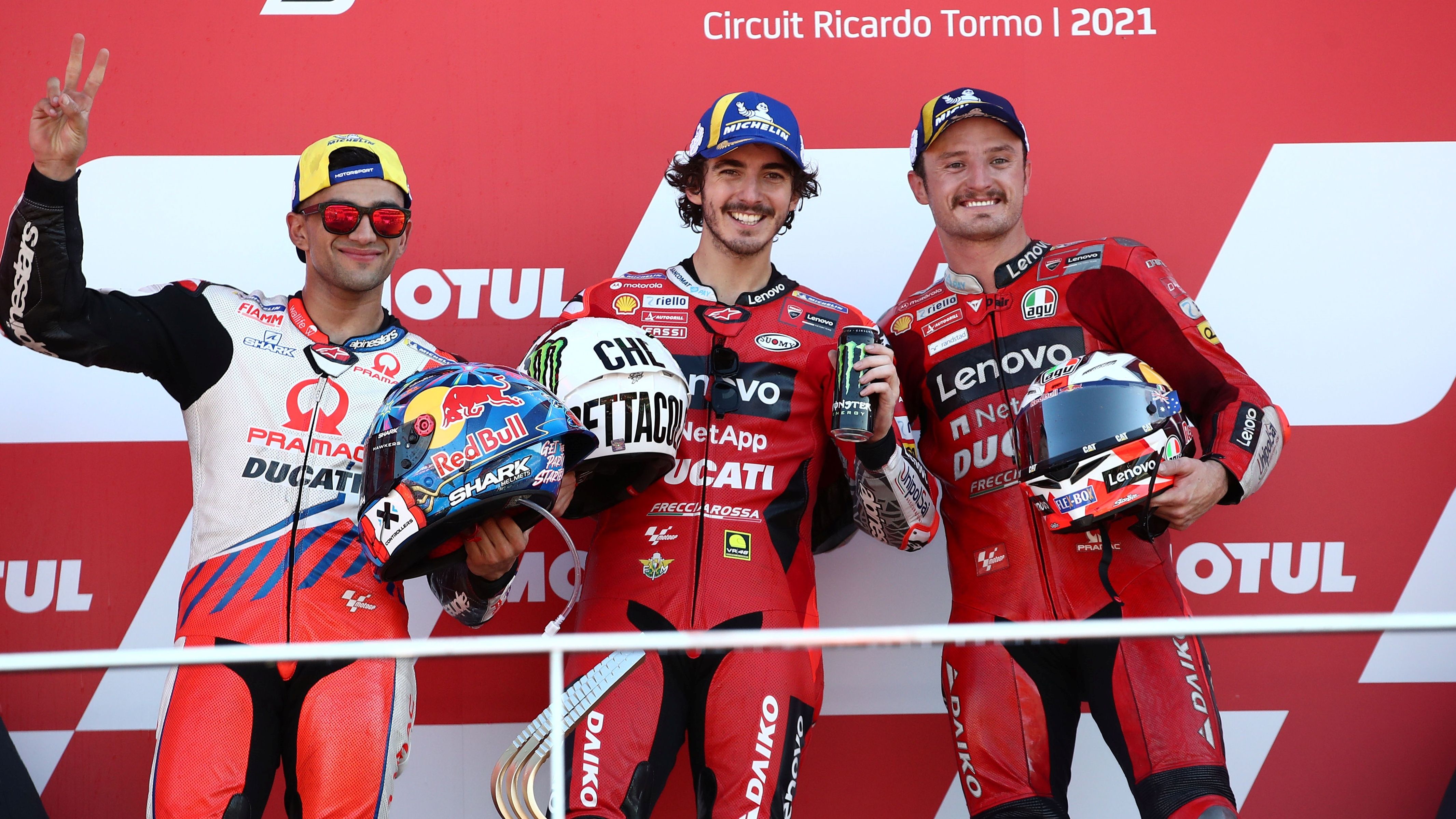 Pecco Bagnaia, Jorge Martín y Jack Miller lograron en Valencia 2021 el primer triplete de Ducati en MotoGP