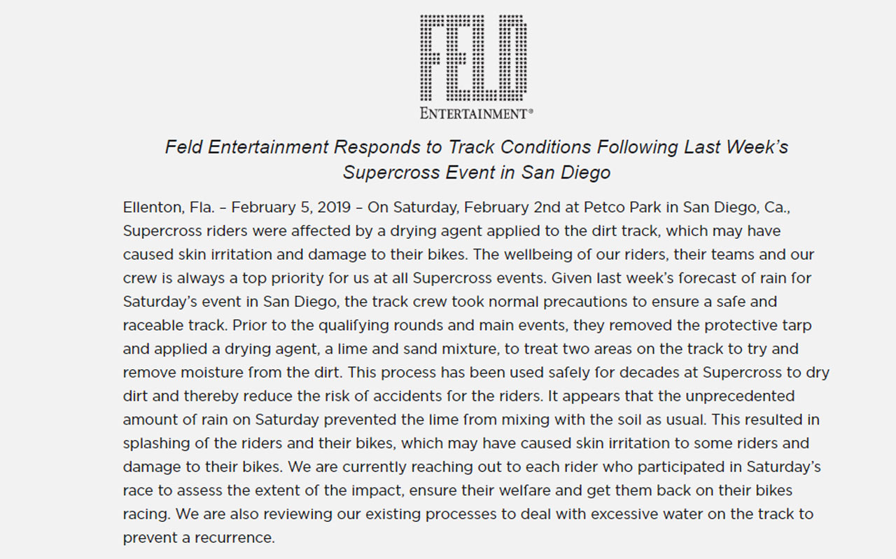 La AMA y Feld Motorsports responden ante lo sucedido en el Supercross de San Diego